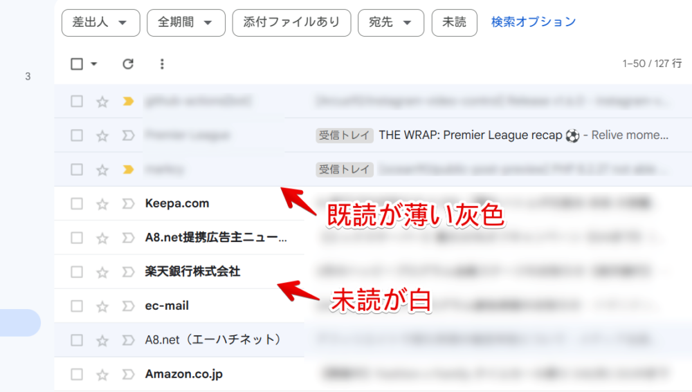 PC版「Gmail」の未読と既読メールの背景色比較画像