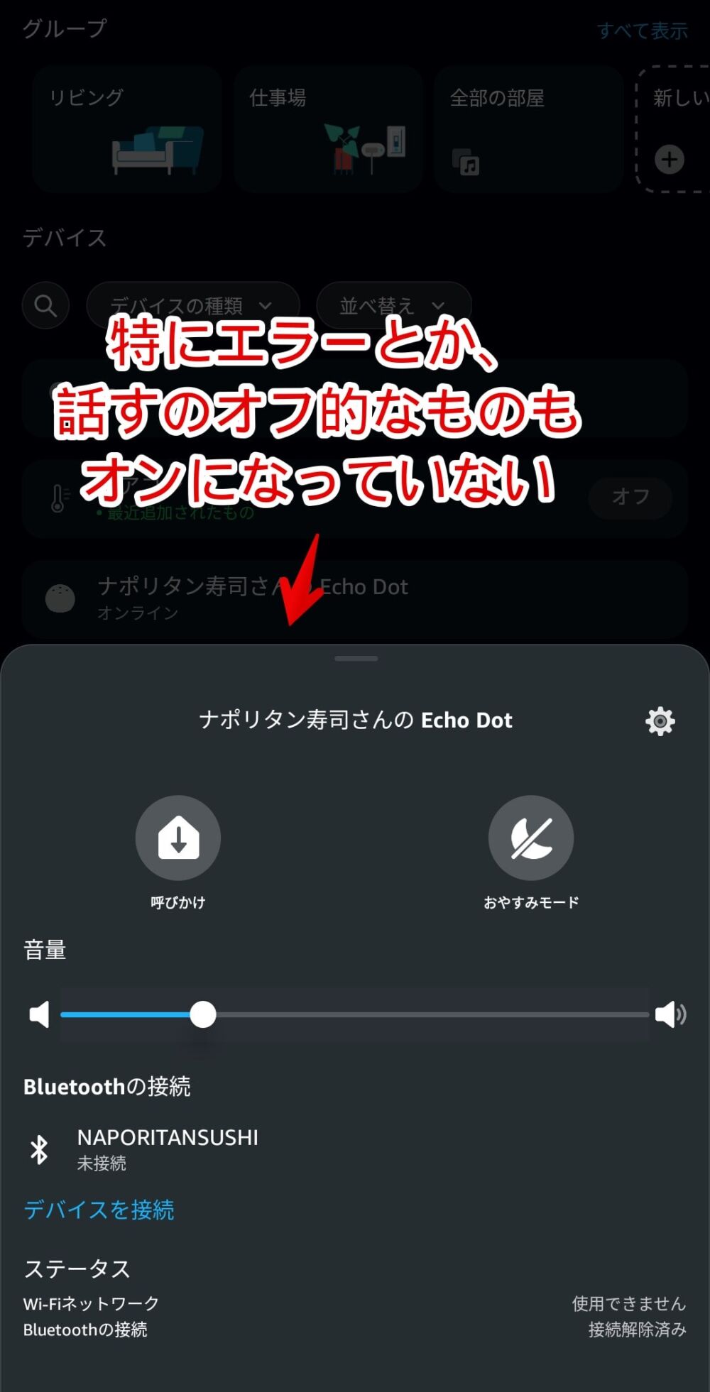 スマホのAlexaアプリで「Echo Dot with clock」のステータス状態を確認している画像