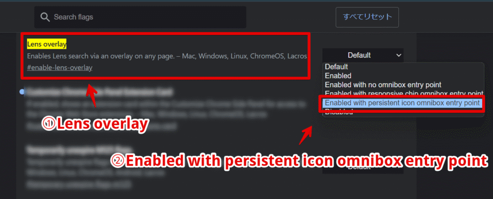 「chrome://flags/#enable-lens-overlay」で「Enabled with persistent icon omnibox entry point」を有効にする手順画像