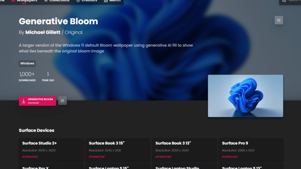 「WallpaperHub」の「Generative Bloom」ページ画像
