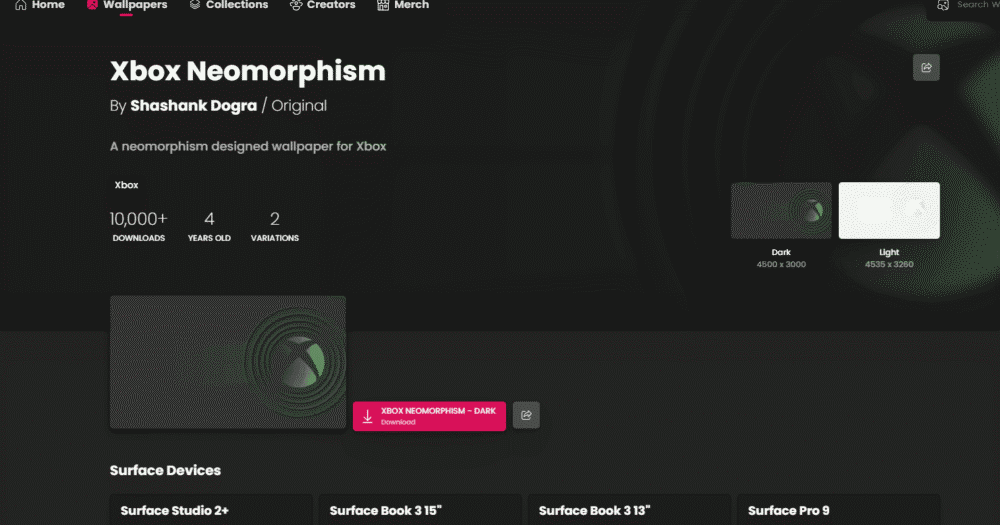 「WallpaperHub」の「Xbox Neomorphism」ページ画像