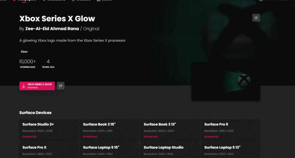 「WallpaperHub」の「Xbox Series X Glow」ページ画像