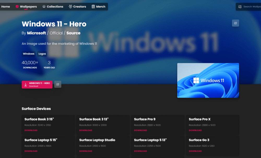 「WallpaperHub」の「Windows 11 - Hero」ページ画像