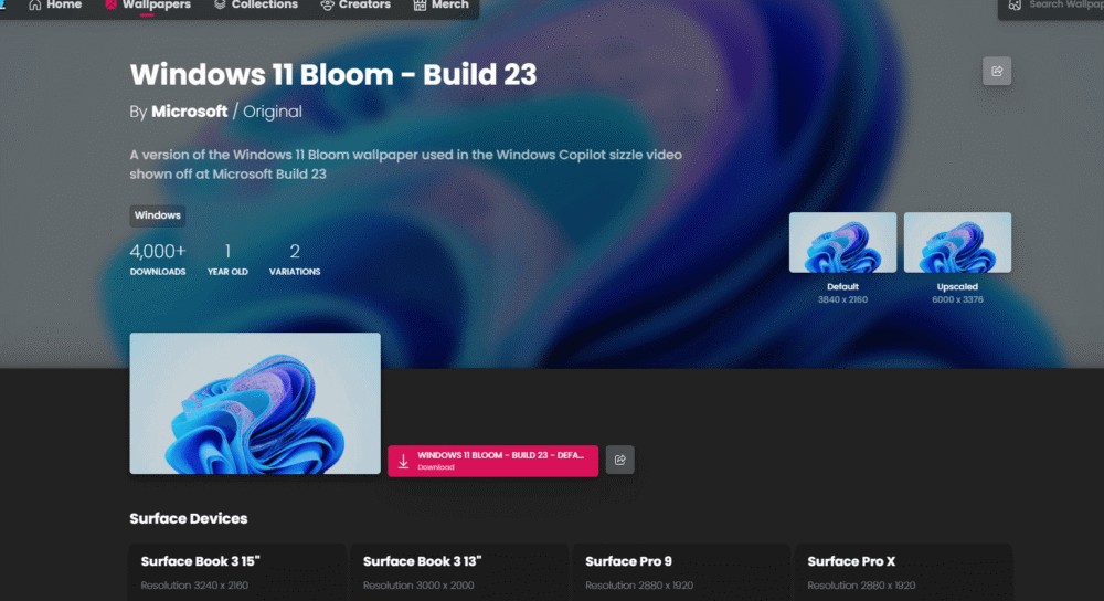 「WallpaperHub」の「Windows 11 Bloom - Build 23」ページ画像