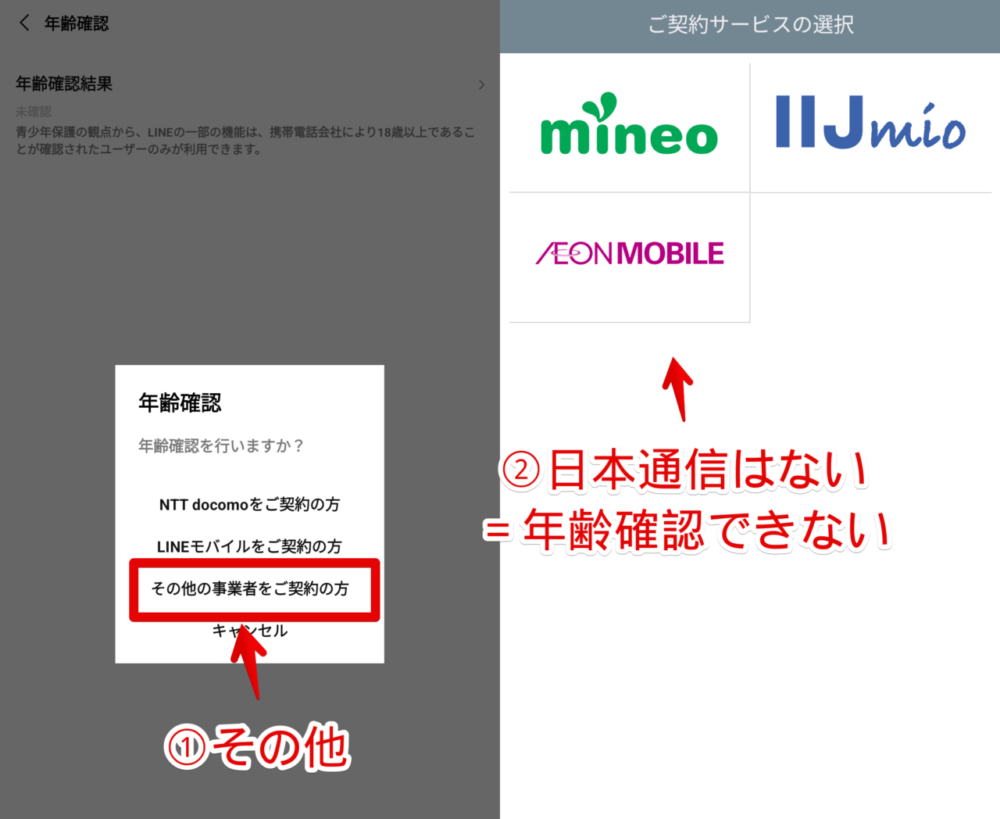 日本通信のSIMが入ったスマホのLINEアプリで年齢確認しようとして失敗している画像2