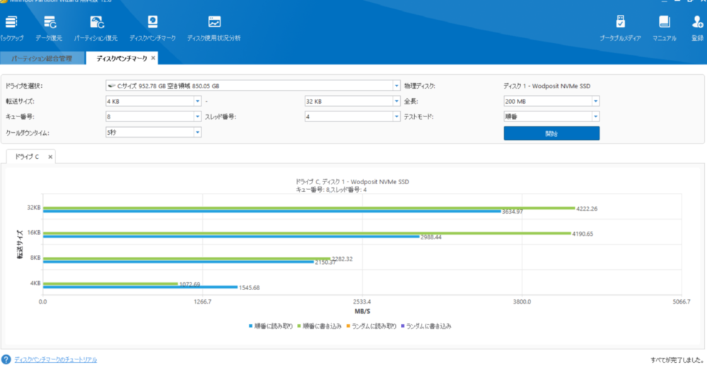 「MiniTool Partition Wizard（無料版）」を使ってディスクベンチマークテストする手順画像3