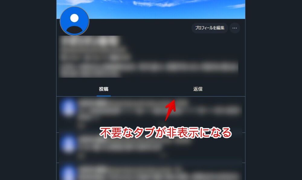 PC版「Bluesky」のプロフィールにあるメディア、いいね、フィード、スターターパック、リストをCSSで非表示にした画像