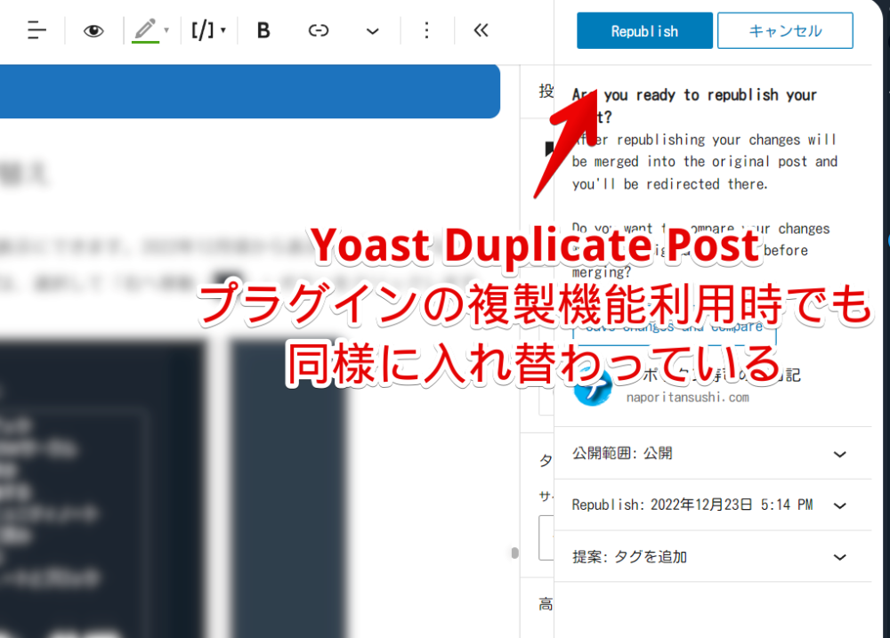 「WordPress」の公開・キャンセルボタンをCSSで入れ替えて「Yoast Duplicate Post」ページを開いている画像