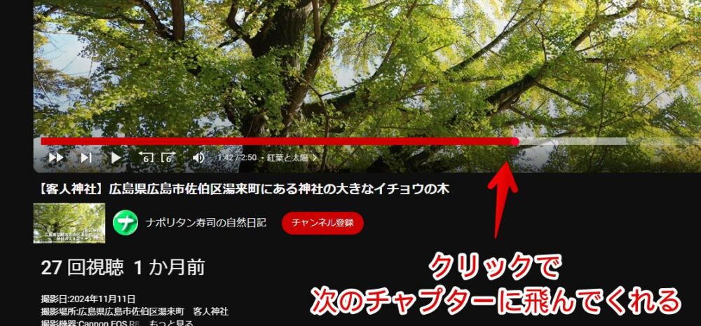 「YouTube next chapter button」拡張機能を使って次のチャプターに移動する手順画像2