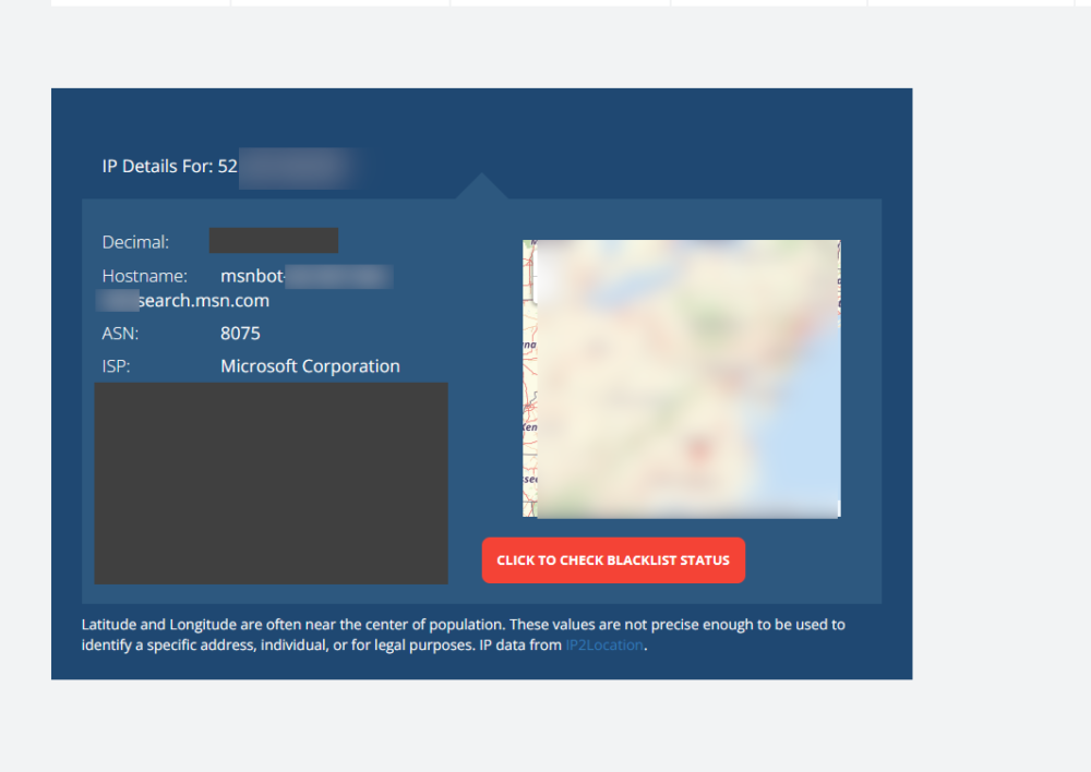 「What Is My IP Address - See Your Public Address - IPv4 & IPv6」サイトでMicrosoftのクローラーだと思われるIPアドレスを検索している画像