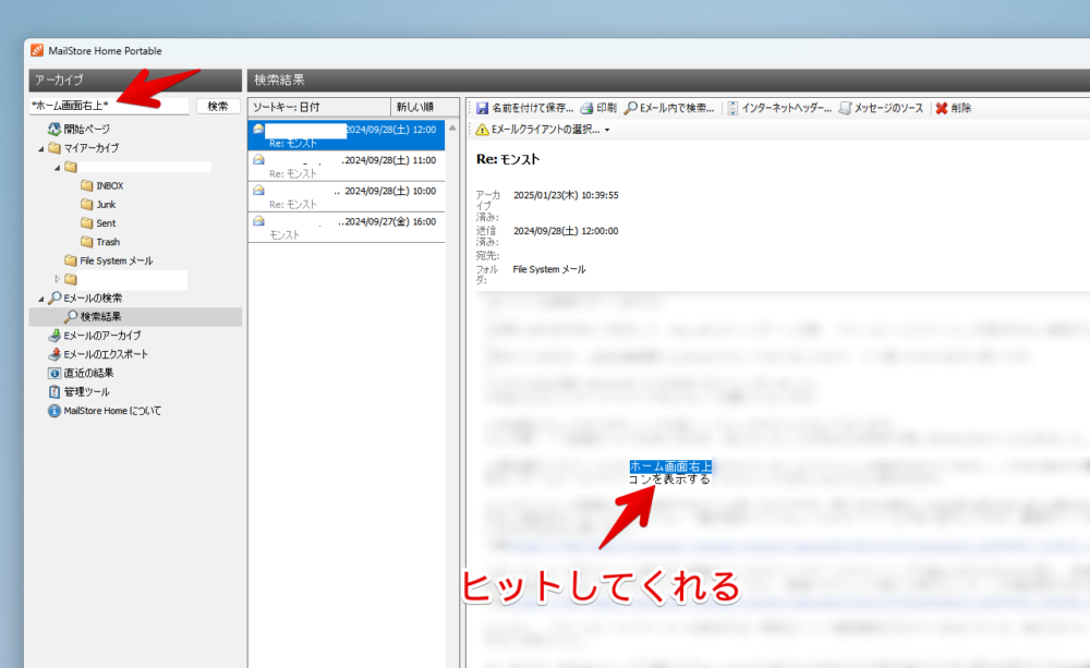 PC版「MailStore Home」ソフトで前後にワイルドカードのアスタリスク記号をつけた状態で日本語を検索した画像