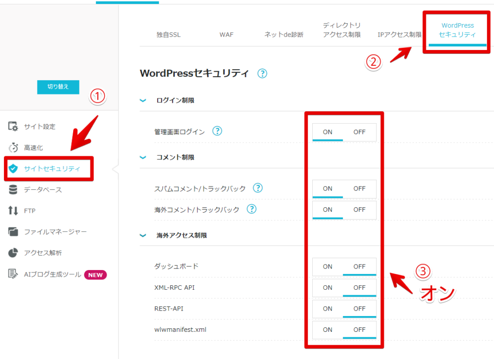 「ConoHa WING」の管理画面内にある「WordPressセキュリティ」設定画像